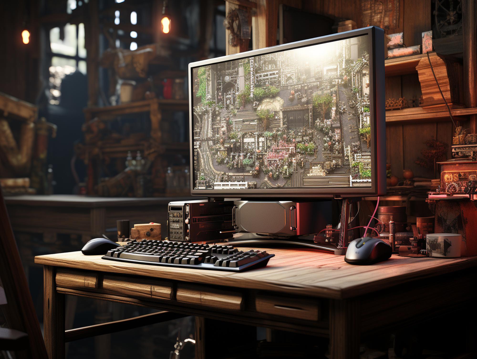 Developer studio desktop with concept sketches and monitor showing game scene