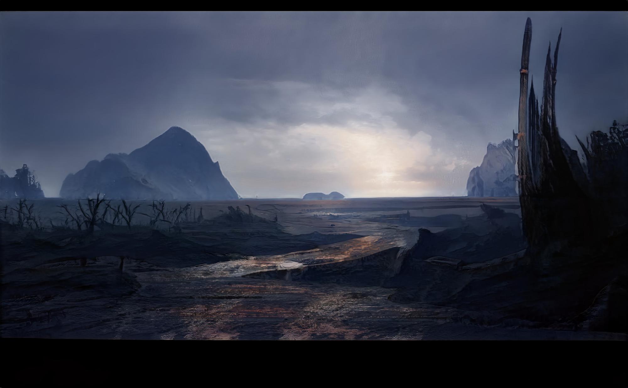 Wide cinematic game landscape with dramatic lighting