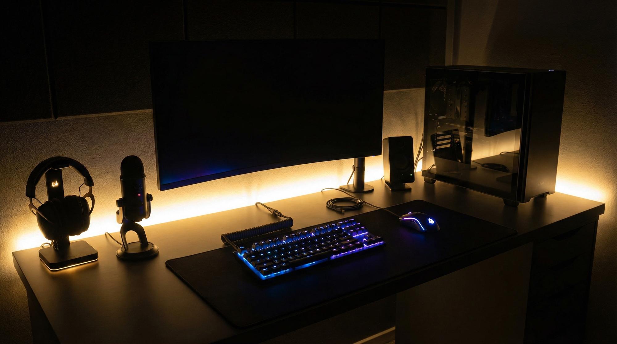 Lux gaming workstation with ambient lighting and headset